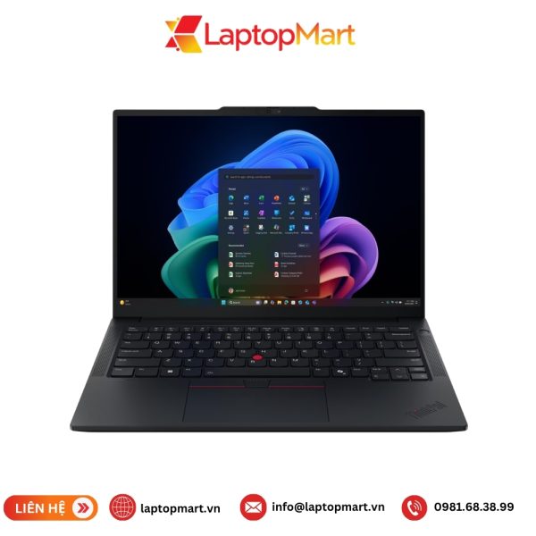 Laptop Lenovo ThinkPad E14 Gen 8 màu đen mở nắp nhìn thẳng từ phía trước, màn hình hiện menu Start của Windows 11, bàn phím có TrackPoint đỏ, kèm logo và thông tin liên hệ LaptopMart