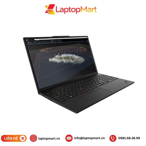 Laptop Lenovo ThinkPad P16s Gen 4 màu đen mở nắp, nhìn nghiêng từ phía trước, màn hình đang chạy phần mềm dựng mô hình 3D