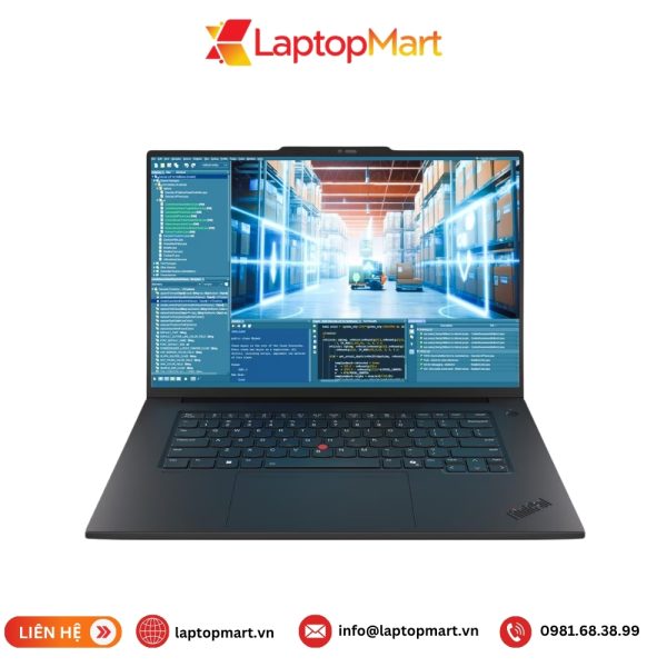 Laptop Lenovo ThinkPad P1 Gen 8 màu đen mở nắp nhìn thẳng từ phía trước, màn hình 16 inch chia hai bên: khung soạn mã nguồn và hình ảnh kho hàng có các đường dữ liệu phát sáng, bàn phím có TrackPoint đỏ, kèm logo và thông tin liên hệ LaptopMart