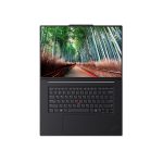 Laptop Lenovo ThinkPad P1 Gen 8 mở phẳng nhìn từ trên xuống, màn hình hiện ảnh con đường xuyên rừng tre, bàn phím không có cụm phím số, TrackPoint đỏ giữa bàn phím, touchpad lớn và nút nguồn ở góc trên phải