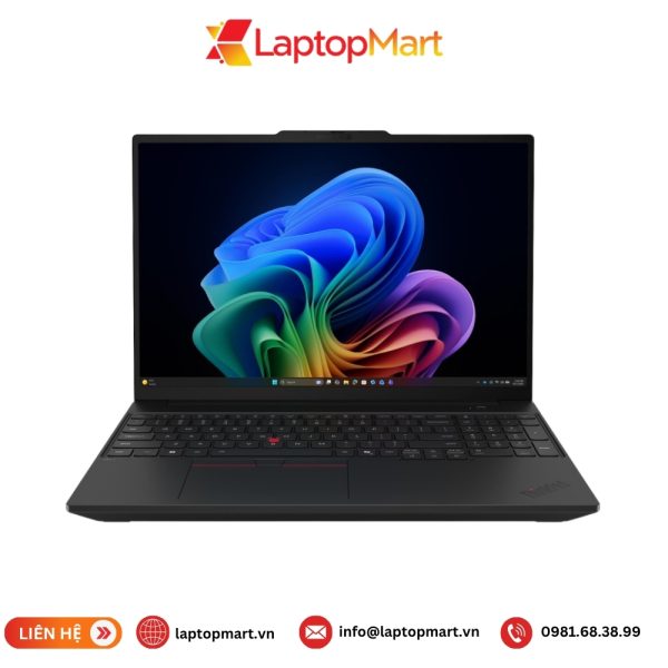 Laptop Lenovo ThinkPad T16 Gen 5 màu đen mở nắp nhìn thẳng từ phía trước, màn hình 16 inch hiện hình nền dải màu của Windows 11, bàn phím có TrackPoint đỏ ở giữa, kèm logo và thông tin liên hệ LaptopMart