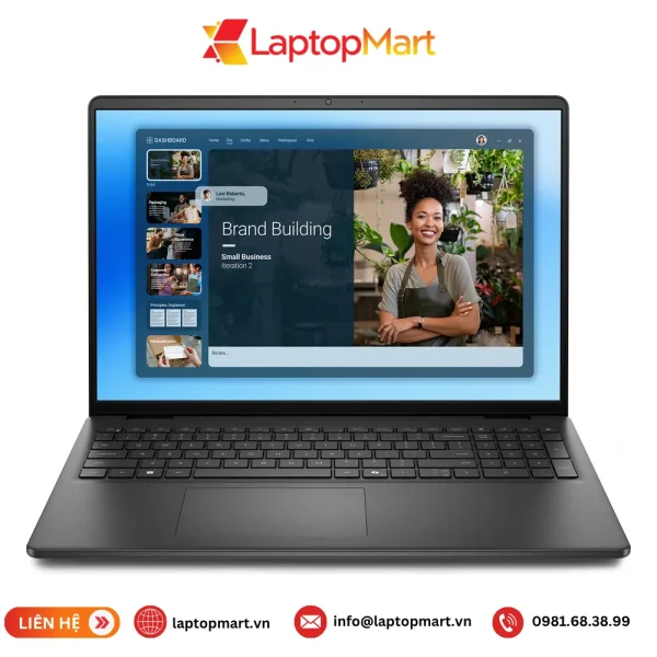 Laptop Dell 16 DC16250 màu đen, mở nắp nhìn từ mặt trước