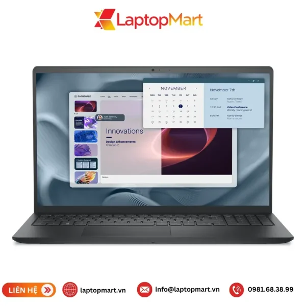 Laptop Dell Pro 15 Essential PV15250 màu đen, mở nắp nhìn từ mặt trước