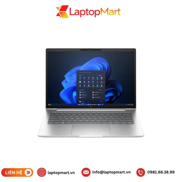 Laptop HP EliteBook 640 G11 màu bạc nhìn chính diện, màn hình 14 inch WUXGA chạy Windows 11, bàn phím có đèn nền và cảm biến vân tay trên chiếu nghỉ tay