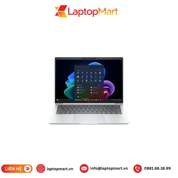 Laptop HP EliteBook 8 G1a 14 AI màu bạc nhìn chính diện, máy mở, màn hình 14 inch WUXGA cảm ứng đang hiện giao diện Windows 11, bàn phím đèn nền và bàn di chuột rộng