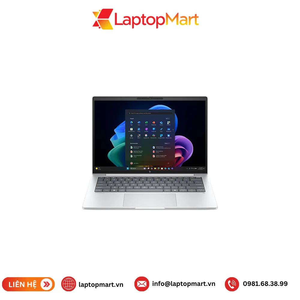 laptop-hp-elitebook-8-g1a-14-1 Laptop HP EliteBook 8 G1a 14 AI màu bạc nhìn chính diện, máy mở, màn hình 14 inch WUXGA cảm ứng đang hiện giao diện Windows 11, bàn phím đèn nền và bàn di chuột rộng