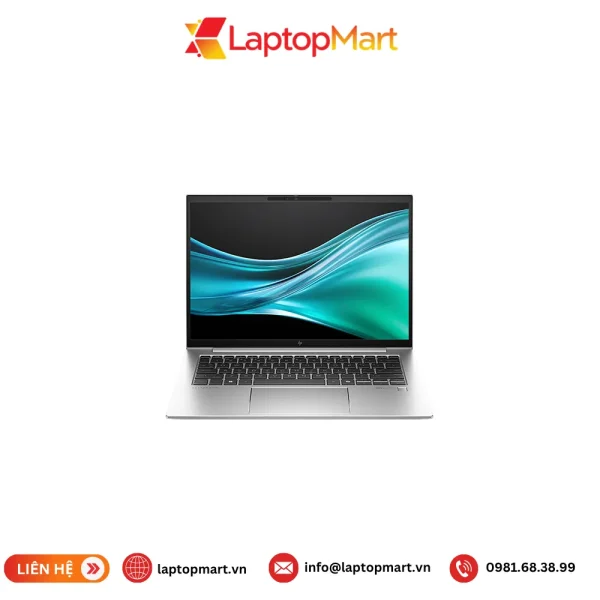 Laptop HP EliteBook 845 G11 màu bạc nhìn chính diện, màn hình 14 inch WUXGA cảm ứng, bàn phím và cảm biến vân tay trên chiếu nghỉ tay