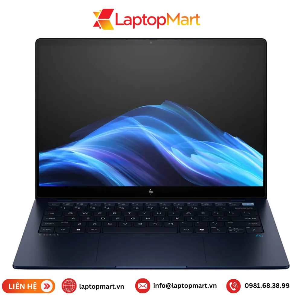 laptop-hp-elitebook-ultra-g1q-1 Laptop HP EliteBook Ultra G1q màu xanh navy nhìn chính diện, máy mở, màn hình 14 inch 2.2K cảm ứng, bàn phím đèn nền và bàn di chuột rộng
