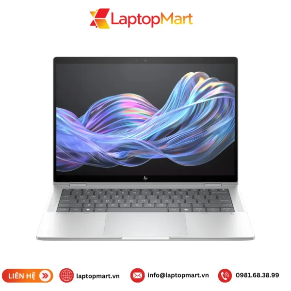 Laptop HP EliteBook X Flip G1i 14 màu bạc nhìn chính diện, máy mở, màn hình 14 inch 2.5K cảm ứng, bàn phím đèn nền và bàn di chuột rộng