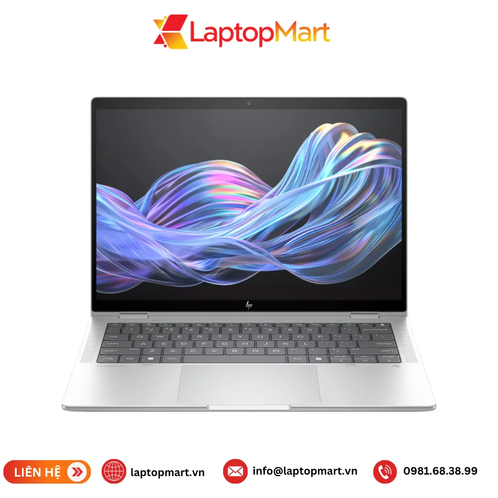 laptop-hp-elitebook-x-flip-g1i-14-1 Laptop HP EliteBook X Flip G1i 14 màu bạc nhìn chính diện, máy mở, màn hình 14 inch 2.5K cảm ứng, bàn phím đèn nền và bàn di chuột rộng