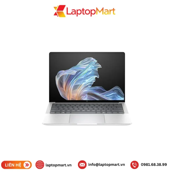 Laptop HP EliteBook X G1a 14 AI màu bạc nhìn chính diện, máy mở, màn hình 14 inch 3K OLED cảm ứng, bàn phím đèn nền và bàn di chuột rộng