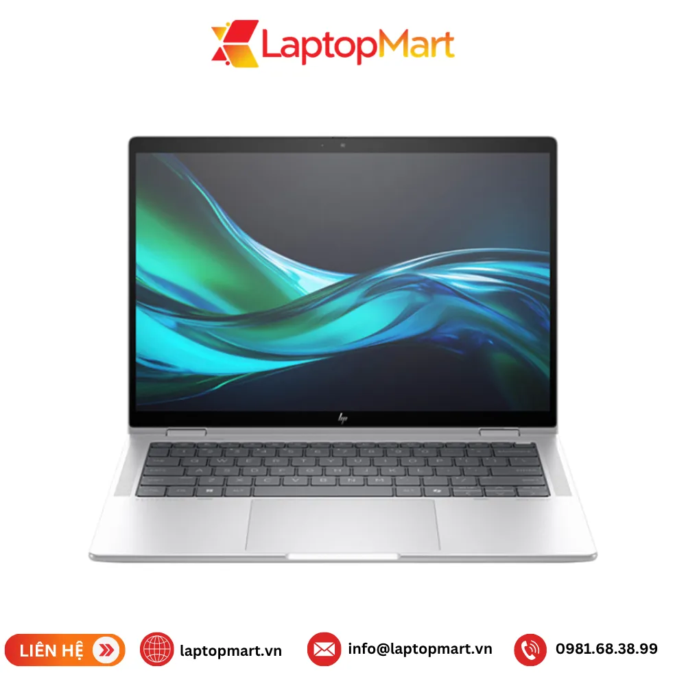 laptop-hp-elitebook-x360-1040-g11-1 Laptop HP EliteBook x360 1040 G11 màu bạc nhìn chính diện ở chế độ laptop, màn hình 14 inch WUXGA cảm ứng, bàn phím có đèn nền và cảm biến vân tay