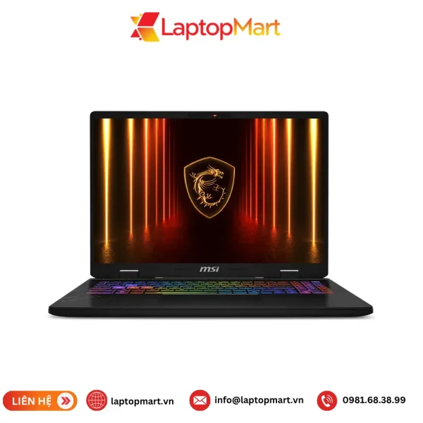 Laptop MSI Crosshair 16 HX AI D2XWGKG-034VN nhìn chính diện, màn hình 16 inch QHD+ hiển thị logo rồng MSI, bàn phím đèn nền RGB