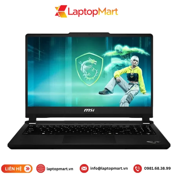 Laptop MSI Cyborg 15 Max C13WE-422VN nhìn chính diện, màn hình 15.6 inch FHD hiển thị logo rồng MSI, thân máy và bàn phím màu đen